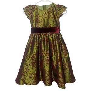 Swea Pea & Lilli Girls Green Burgundy Damask Velvet Holiday Dress C812 Size 7